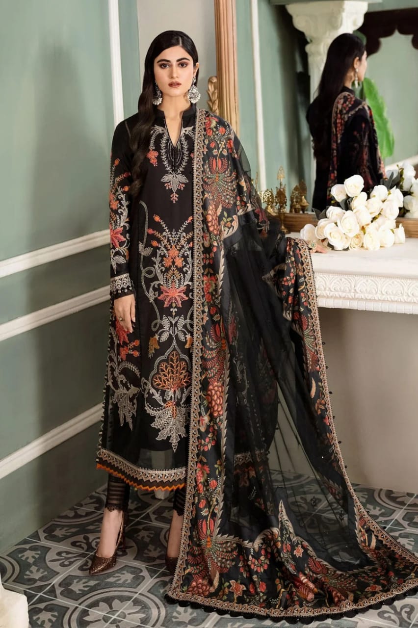 MARIA B SATEEN BLACK LUXURY DRESS CHIKANKARI