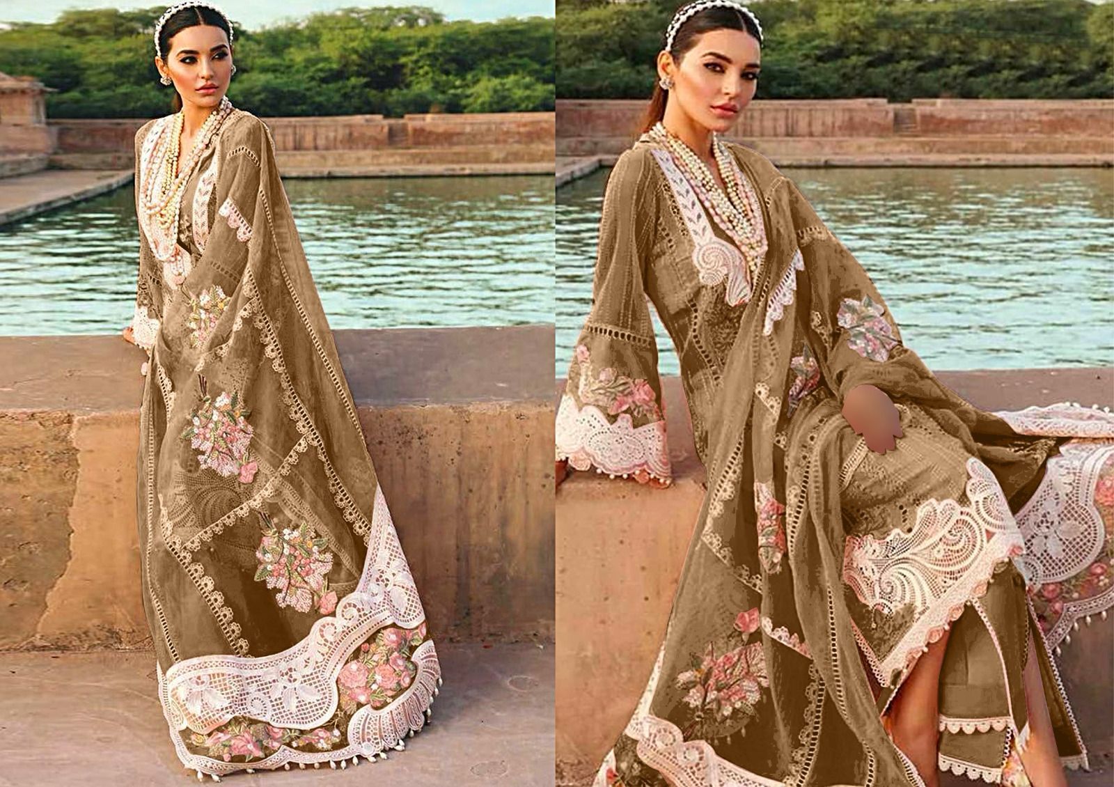 CRIMSON D GREEN CHIKANKARI DRESS LAWN FABRIC