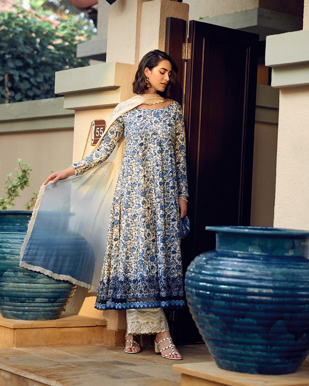 Faiza Saqlain Blue Lawn Embroidery Frock 3Piece Unstitched