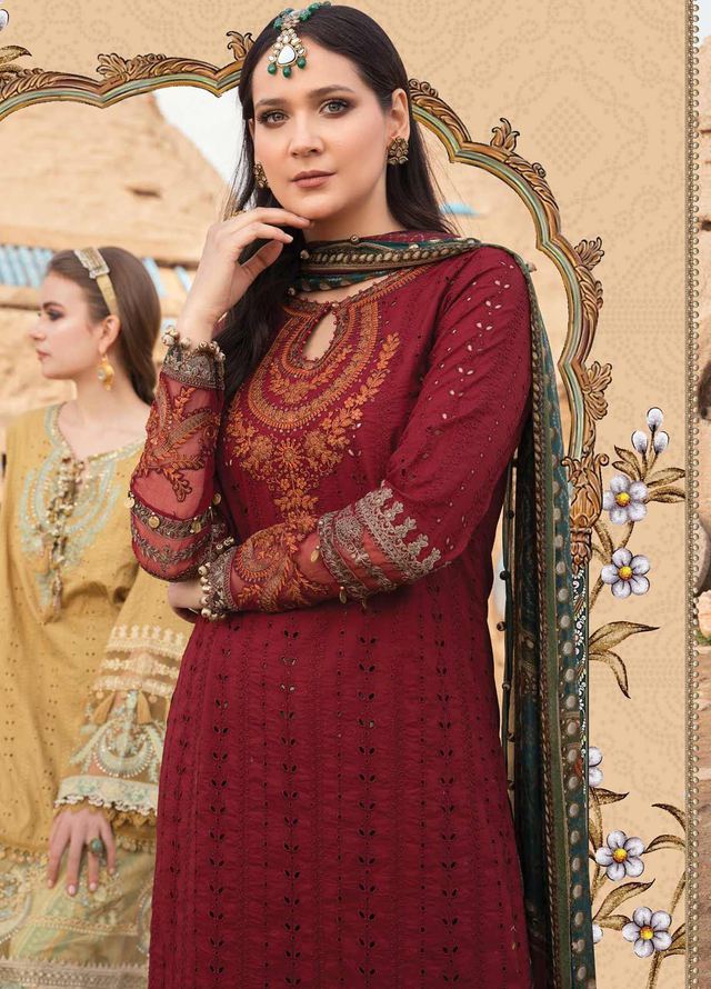 M.B Maroon Lawn Summer Collection Emb 3pc Unstitched