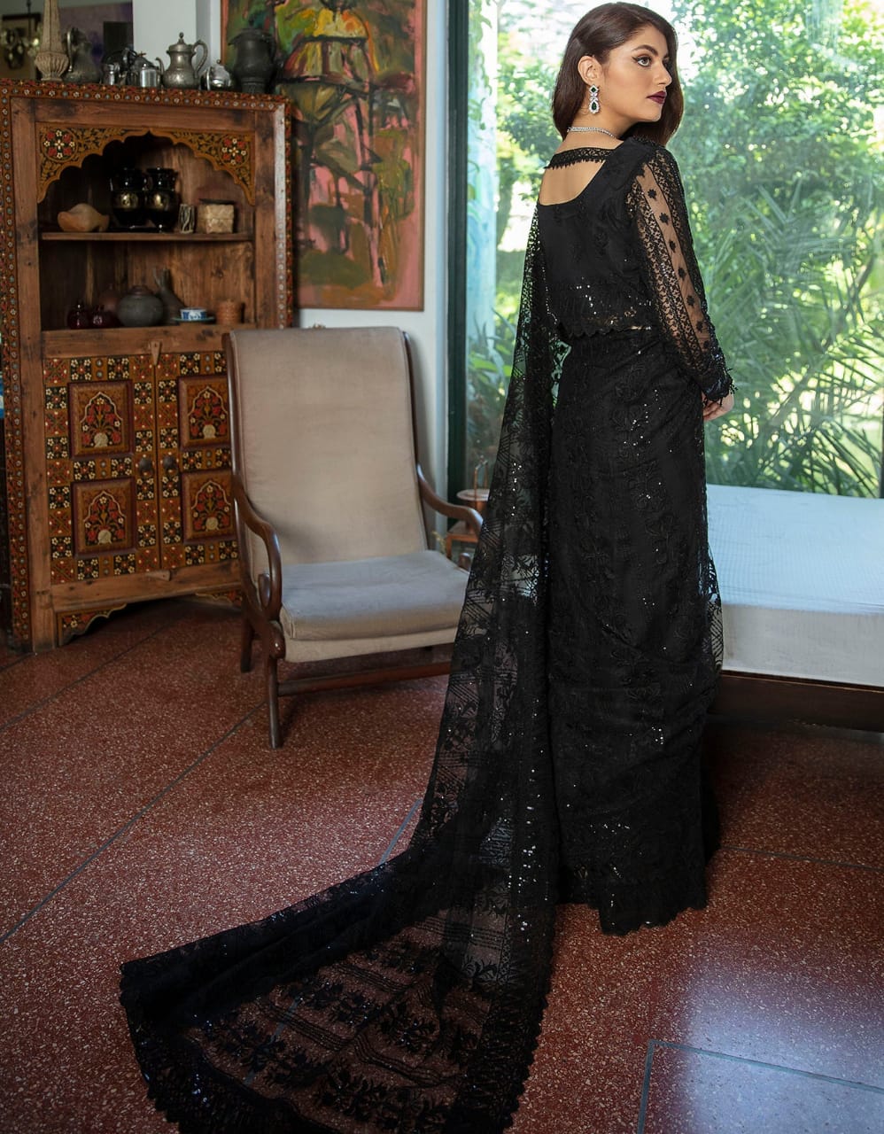 Emaan Adeel Black Net Luxury Embroidered Wedding Collection Saree Unstitched
