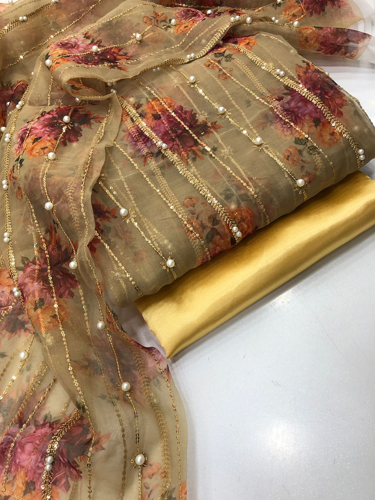 Designer Wear Beige Formal Collection Organza Dress