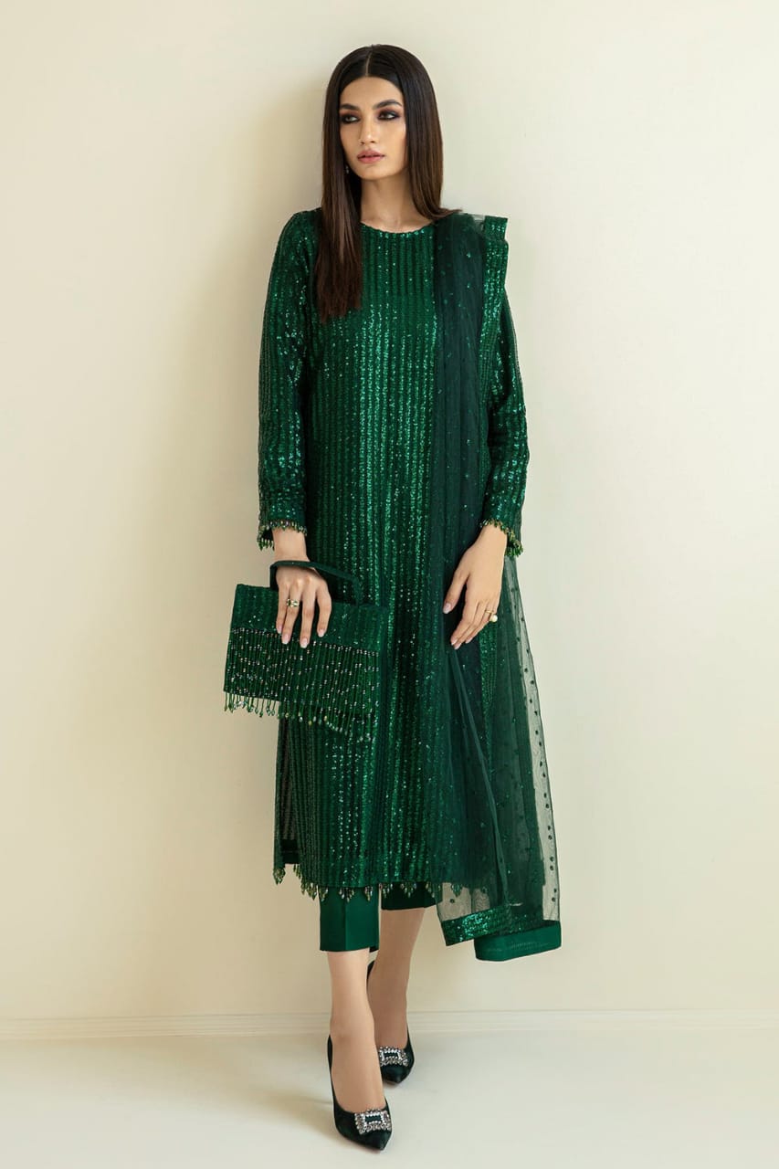 Baroque Botel Green Chiffon Embroidery Party Wear Collection 3piece Unstitched