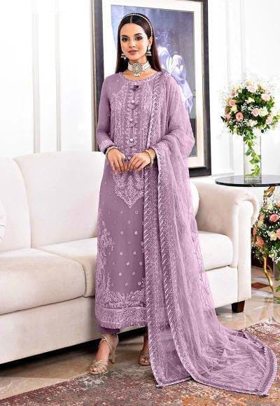 A.J Purple Jhilmil Semi Pure Chiffon Embroidery 3piece Unstitched