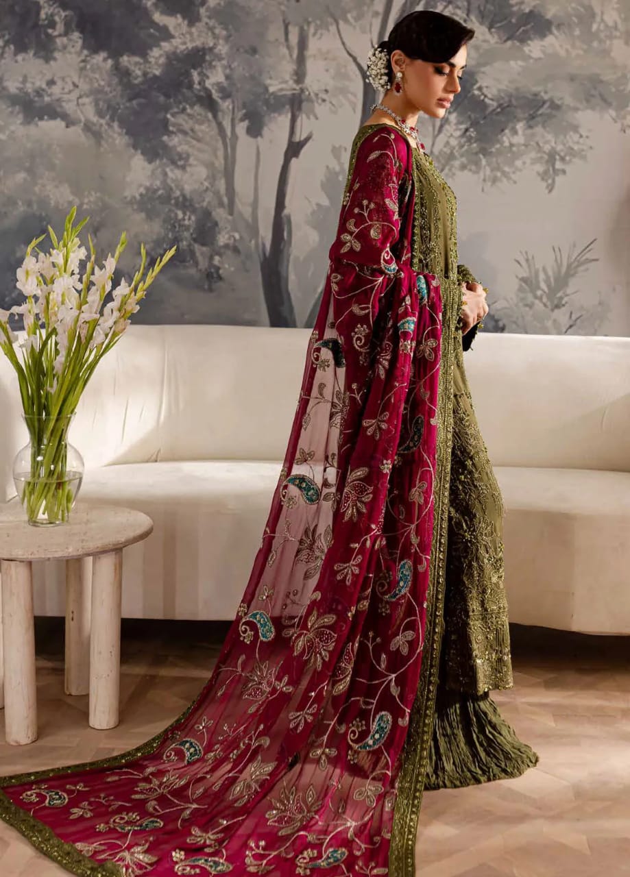 Nureh Green Maroon Chiffon Dress Formal Collection 3pc