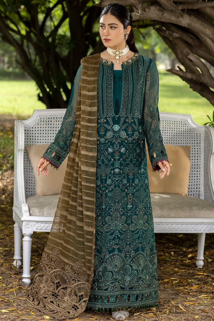 Flossie Green Chiffon Dress Formal Collection 3pc Unstitched