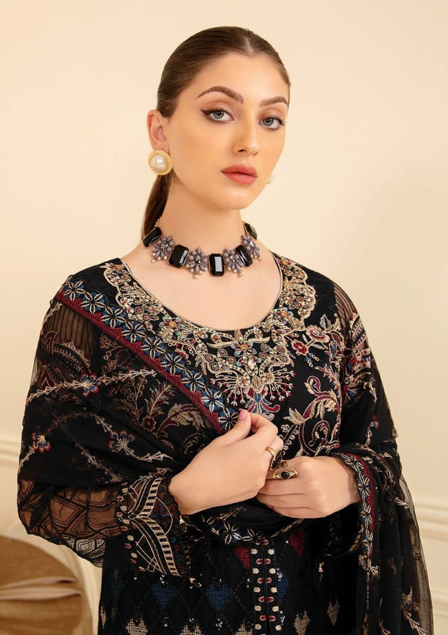Ramsha Minhal Black Chiffon Embroidered 3piece Unstitched