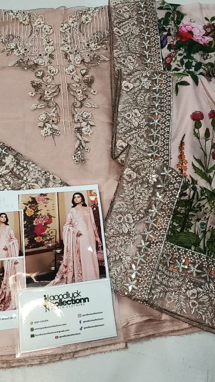 Azure Silk Tea Pink Hand Work Dress Party Wear Collection 3piece Unstitched