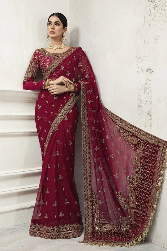 M.B Maroon Wedding Saree Soft Net Fabric Embroidery Unstitched