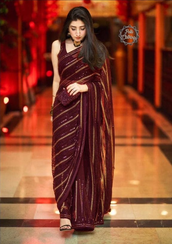 MARAYAM NAFEES MAROON SAREE CHIFFON FABRIC