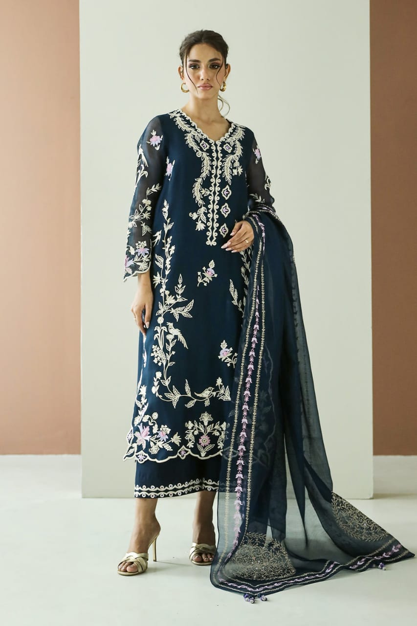 Zainab Fawad Zuri Blue Organza Embroidery 3piece Unstitched