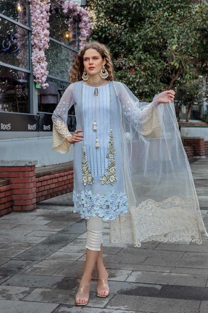 Agha Noor Sky Blue Chikankari Cotton Lawn Embroidery Unstitched