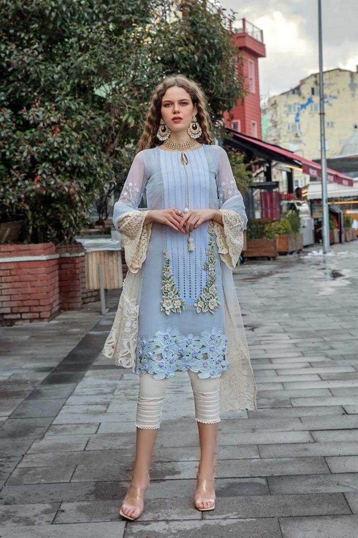 Agha Noor Sky Blue Chikankari Cotton Lawn Embroidery Unstitched
