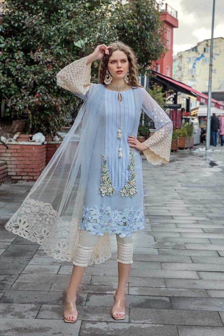 Agha Noor Sky Blue Chikankari Cotton Lawn Embroidery Unstitched