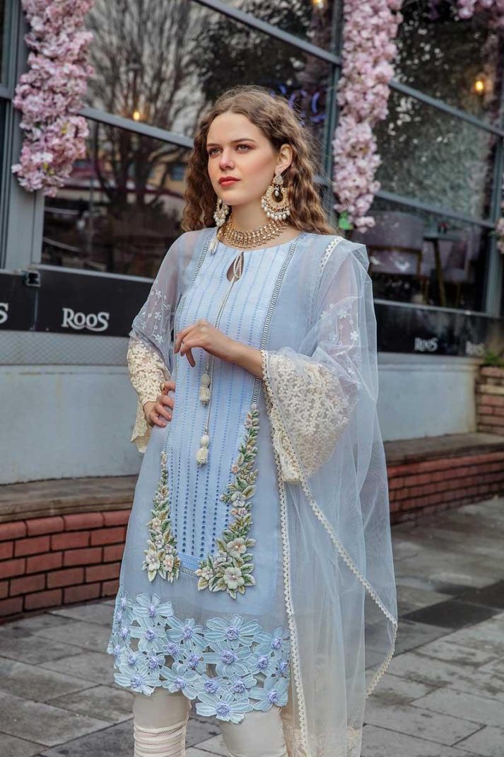 Agha Noor Sky Blue Chikankari Cotton Lawn Embroidery Unstitched