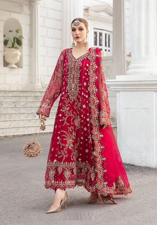 Maria B Red Chiffon Hand Work Formal Collection 3pc Unstitched
