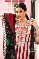 M.B Red & White Stripes New Arrival Lawn Emb 3pc Unstitched