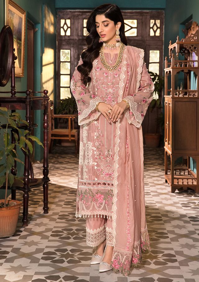 ELAF T PINK CHIKANKARI LAWN EMBROIDERY DRESS 3PIECE UNSTITCHED