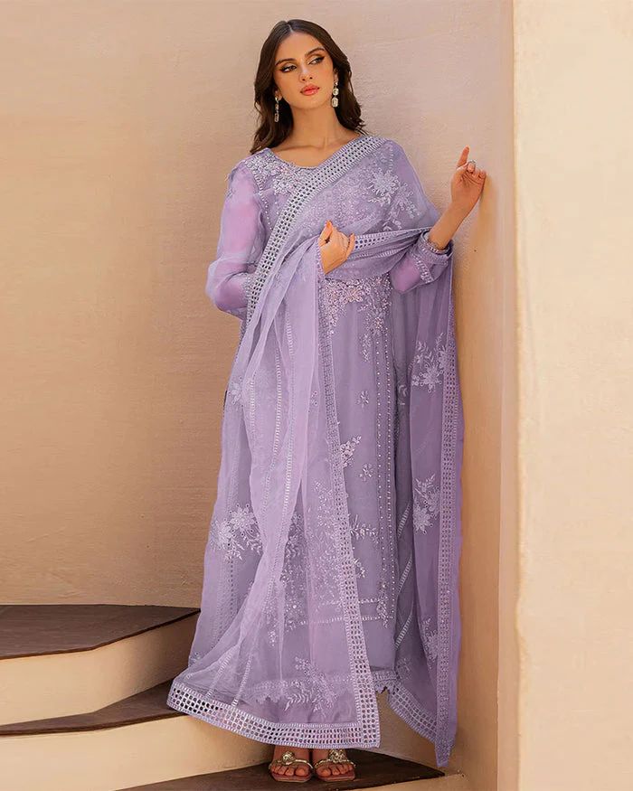 Mushq Light Purple Net Embroidery 3piece Unstitched