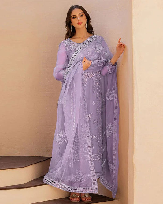 Mushq Light Purple Net Embroidery 3piece Unstitched