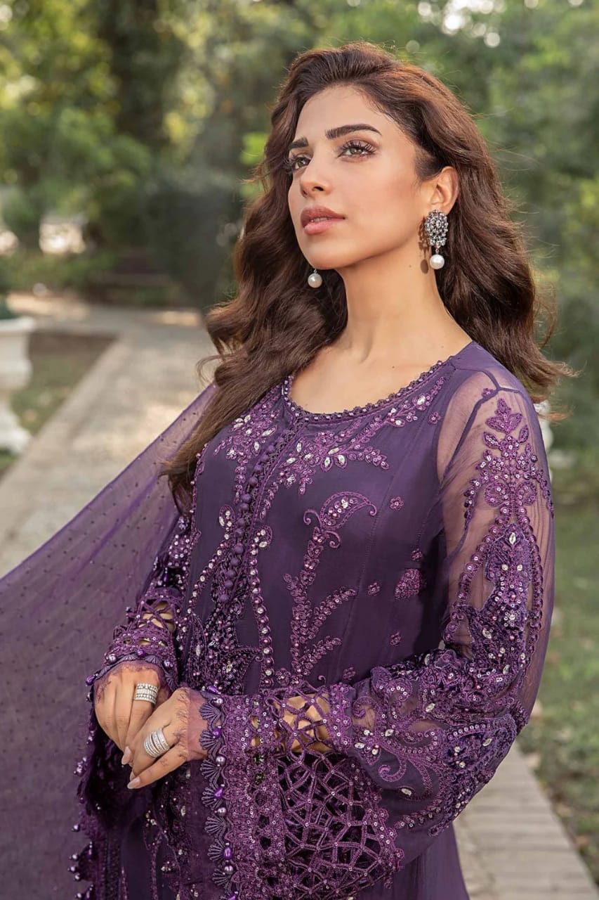 Maria b Dark Purple Luxury Chiffon Embroidery 3pc Unstitched