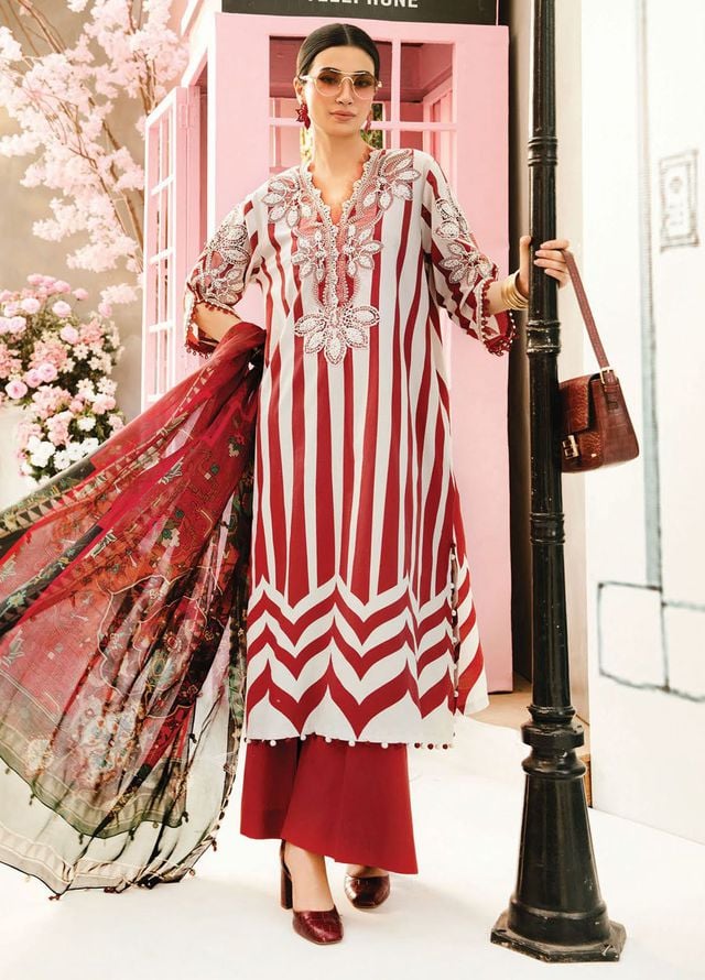 M.B Red & White Stripes New Arrival Lawn Emb 3pc Unstitched