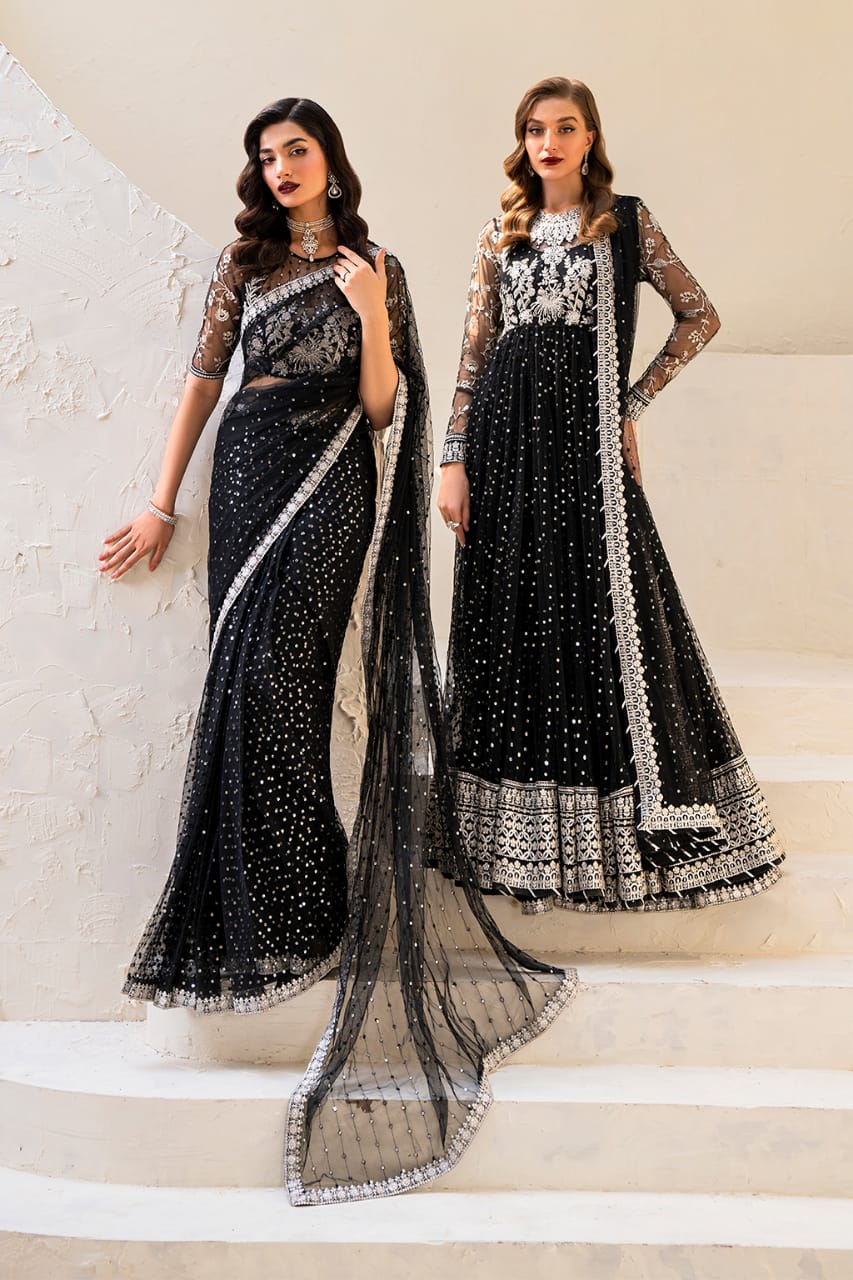Iznik Black Saree Wedding Collection Soft Net Hand Work New Arrival