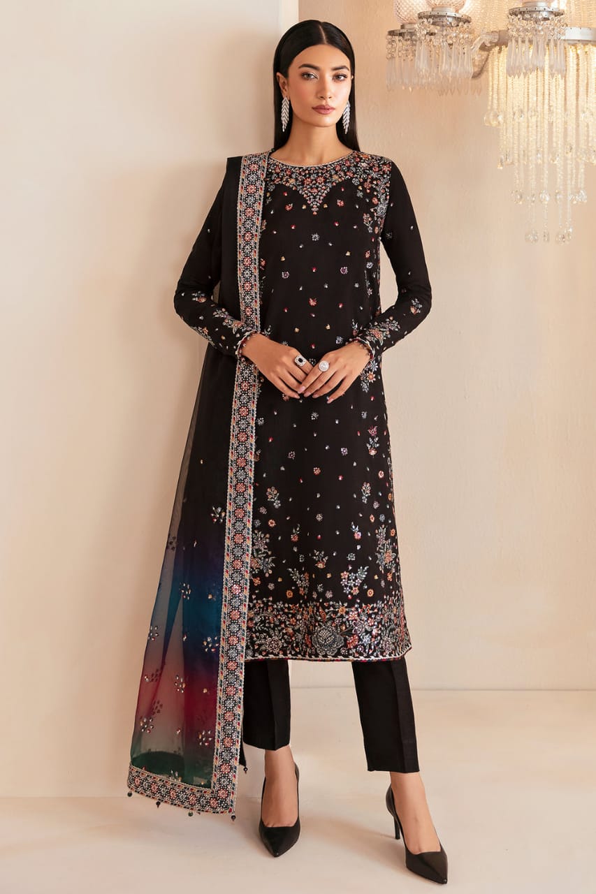 Jazmin Raw Silk Black Multi Embroidery 3piece Unstitched