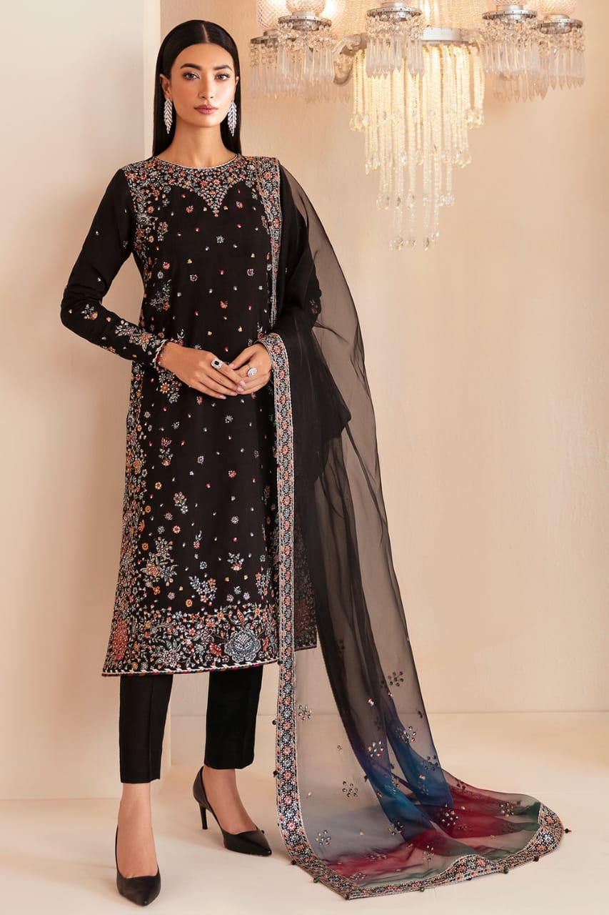 Jazmin Raw Silk Black Multi Embroidery 3piece Unstitched