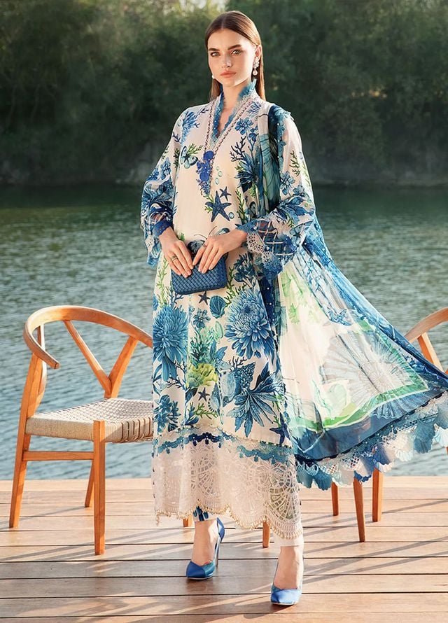 M.B Blue New Arrival Lawn Embroidery Dress 3pc Unstitched