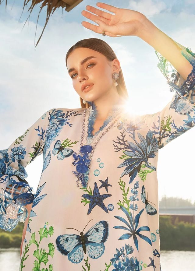 M.B Blue New Arrival Lawn Embroidery Dress 3pc Unstitched
