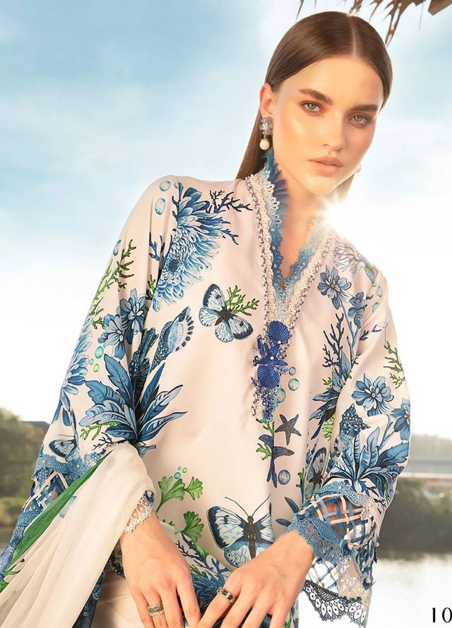 M.B Blue New Arrival Lawn Embroidery Dress 3pc Unstitched