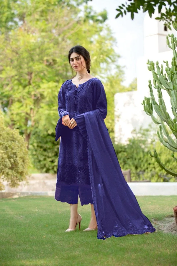 Zarqash Navy Blue Embroidery Lawn Chikankari Dress 3pc Unstitched