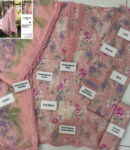 MB GL-71024 Premium Printed Lawn Emb 3 Piece Unstitched Suit With Chiffon Dupatta 2026