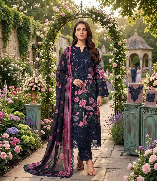 BR  GL-71017 Premium Printed Lawn Emb 3 Piece Unstitched Suit With Chiffon Dupatta 2026