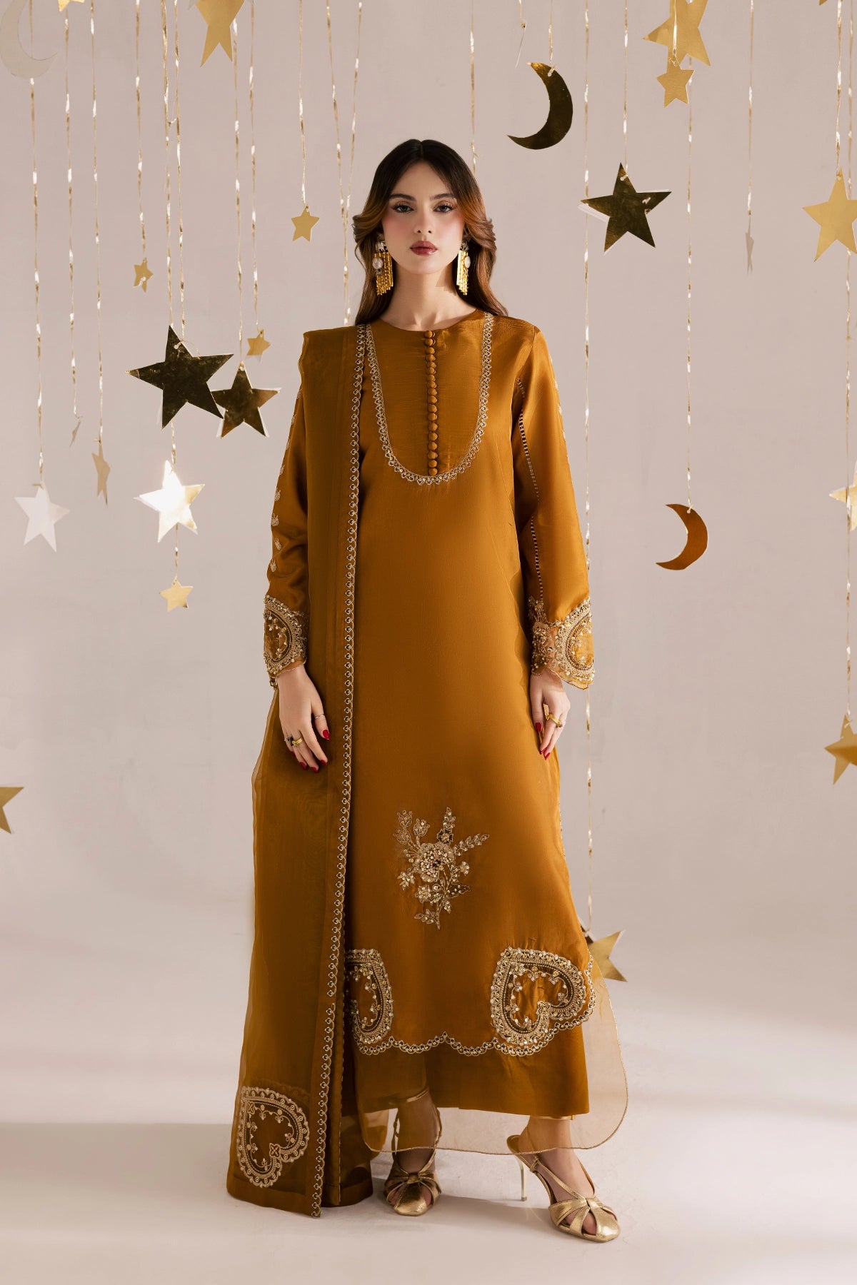 HC-020 | Luxury 3 Piece Unstitched Shesha Silk Kaftan – Heavy Sequin Bridal Wear