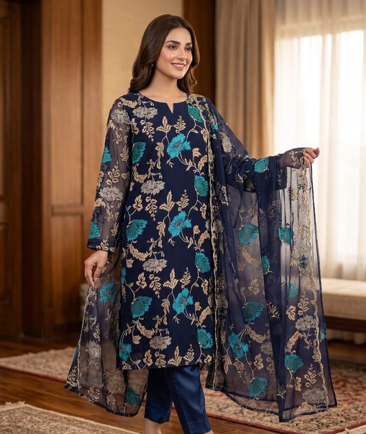 BB GL-7156 Premium Bamber Chiffon Emb 3 Piece Unstitched Suit With Emb Dupatta 2026