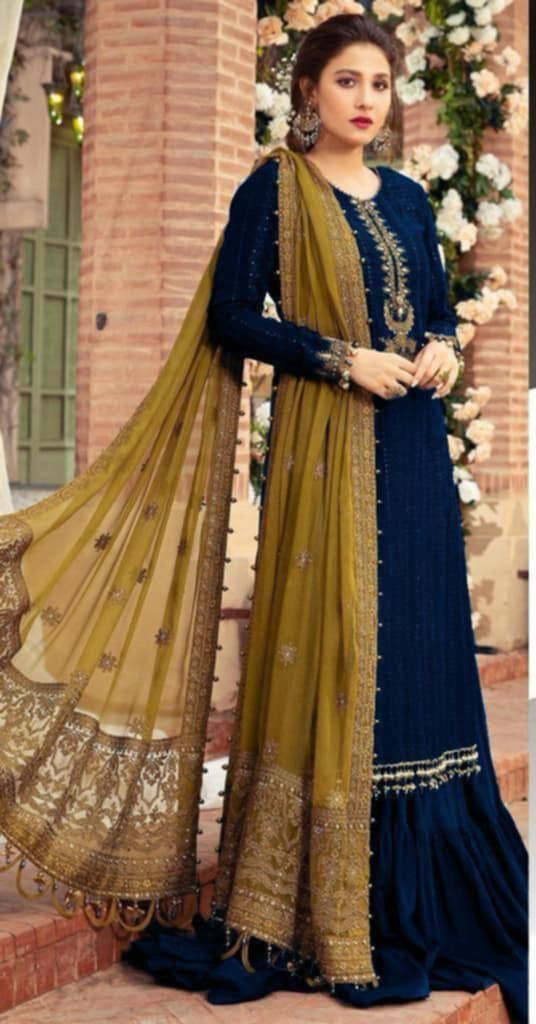 M.B Sateen Blue Chiffon Formal Collection Unstitched Dress