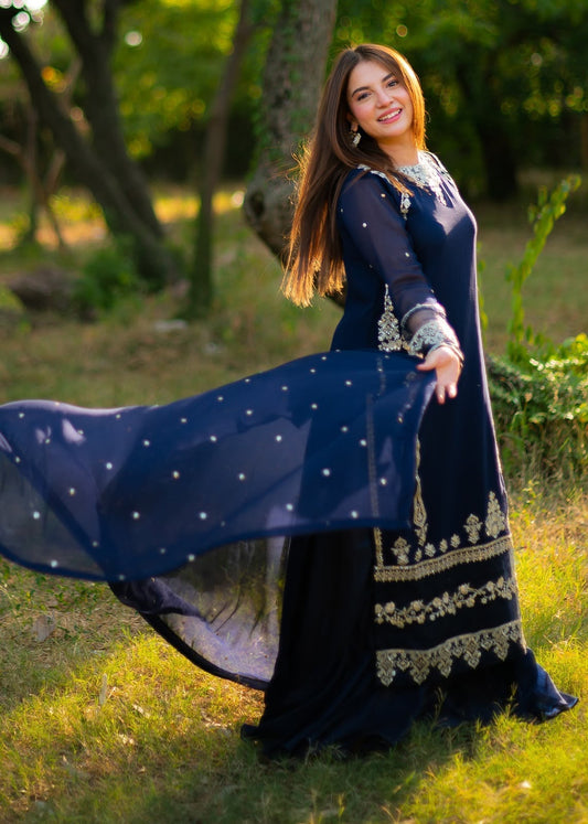 Premium Navy Blue Chiffon Emb 3 Piece Unstitched Suit With Chiffon Dupatta 2026
