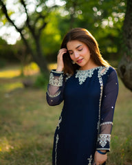 Premium Navy Blue Chiffon Emb 3 Piece Unstitched Suit With Chiffon Dupatta 2026