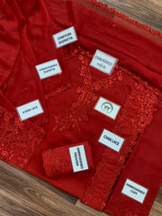 AZ Red Chiffon Thread Zari Sequence 3 Piece Unstitched Suit