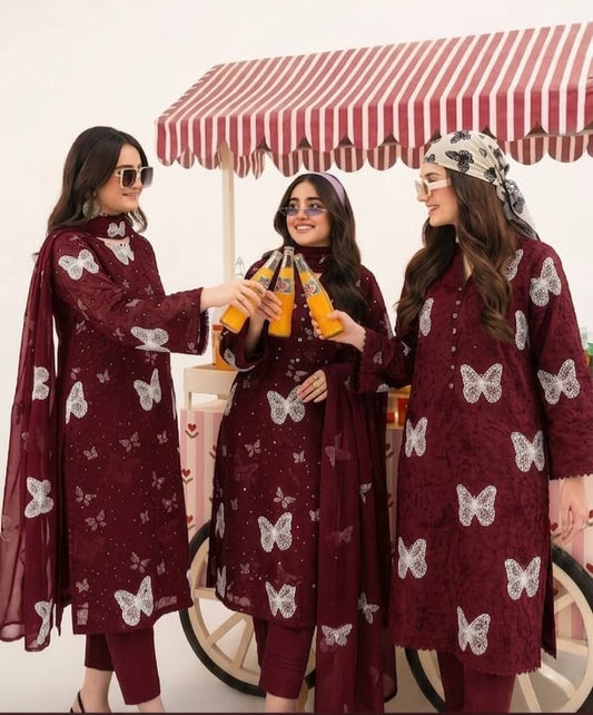 Butterfly Premium Lawn Chikankari Emb 3 Piece Suit