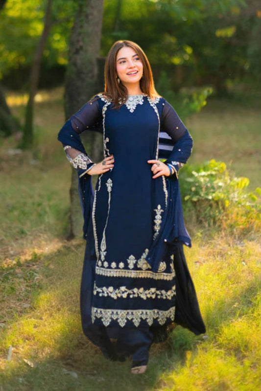 Premium Navy Blue Chiffon Emb 3 Piece Unstitched Suit With Chiffon Dupatta 2026