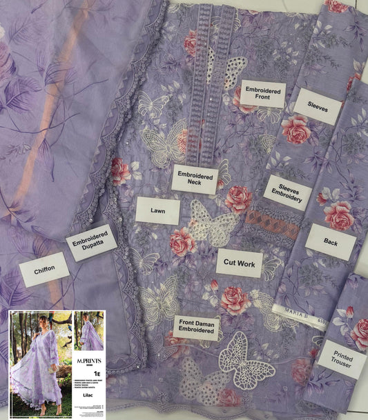 MB GL-71023 Premium Printed Lawn Emb 3 Piece Unstitched Suit With Chiffon Dupatta 2026