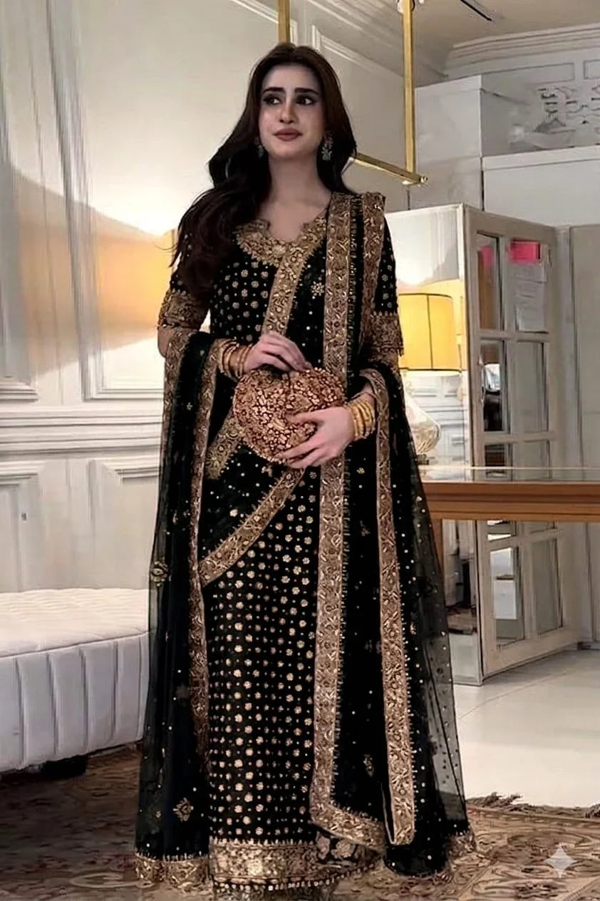 Haris Shakeel GL-7103 Black Addawork Wedding Dress | 3 Piece Unstitched Chiffon Suit