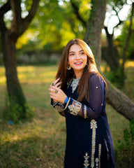 Premium Navy Blue Chiffon Emb 3 Piece Unstitched Suit With Chiffon Dupatta 2026