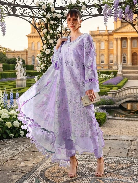 MB GL-71023 Premium Printed Lawn Emb 3 Piece Unstitched Suit With Chiffon Dupatta 2026