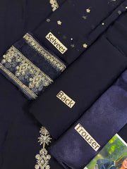Premium Navy Blue Chiffon Emb 3 Piece Unstitched Suit With Chiffon Dupatta 2026