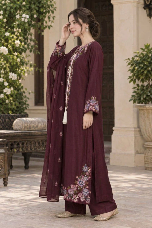 ETH-022 | Premium Shamoz Silk 3 Piece Unstitched Kaftan Suit 2026