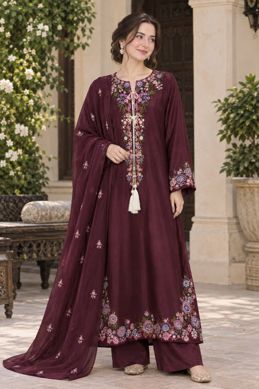 ETH-022 | Premium Shamoz Silk 3 Piece Unstitched Kaftan Suit 2026